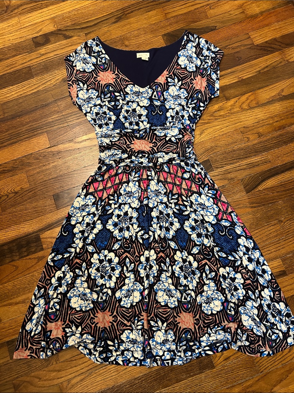 Anthropologie/Meadow Rue navy blue pink floral fit-and-flare dress